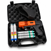 JPX 4 Compact C2 pepper spray gun with bright orange frame shown alongside its fitted black holster in a complete carry bundle.