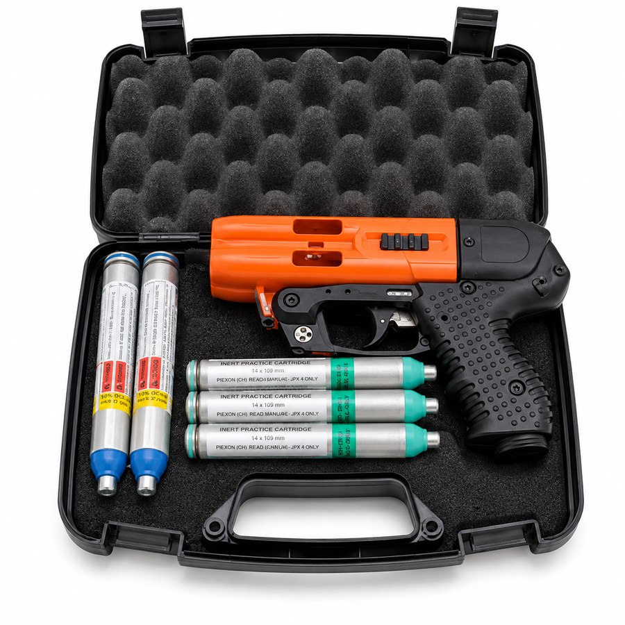 JPX 4 Compact C2 orange pepper spray gun with integrated laser, four-shot capacity, Cordura paddle holster, live and practice cartridges, and storage case.