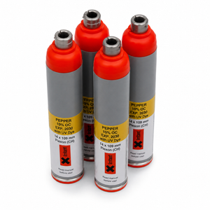 Close‑up view of JPX 4 Compact OC pepper cartridges showing the dual nozzle tips and molded front edges.