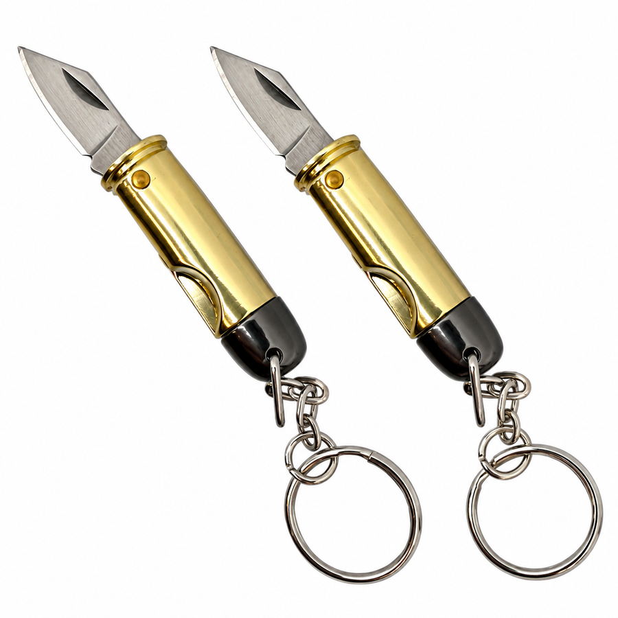 Two 44 Magnum bullet keychain knives displayed together, each featuring a metallic cartridge-style handle, folding blade design, and attached key ring for compact everyday carry.