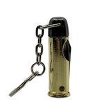Keychain knife designed to resemble a .44 Magnum bullet, featuring a metallic cartridge-shaped handle with a concealed folding blade and attached key ring for everyday carry.