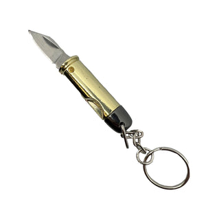 44 Magnum bullet-shaped folding keychain knives, value pack of two, featuring stainless steel blades and brass-and-copper-finished cartridge-style handles.