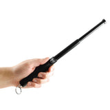 police force 12‑inch expandable steel baton with keyring, rubberized grip shown being held in hand