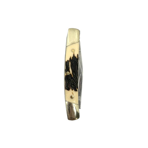 compact folding knife with two stainless steel blades extended