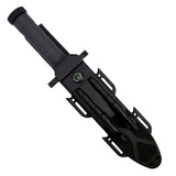 “12.5-inch survival knife displayed with black ABS sheath and belt clip.”