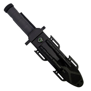 “12.5-inch survival knife displayed with black ABS sheath and belt clip.”