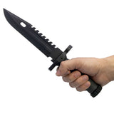 “12.5-inch fixed blade survival knife with black reverse‑serrated blade and textured handle.”