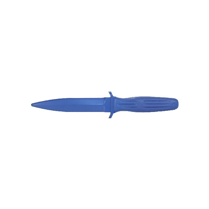 solid blue polyurethane training knife shown from a side angle
