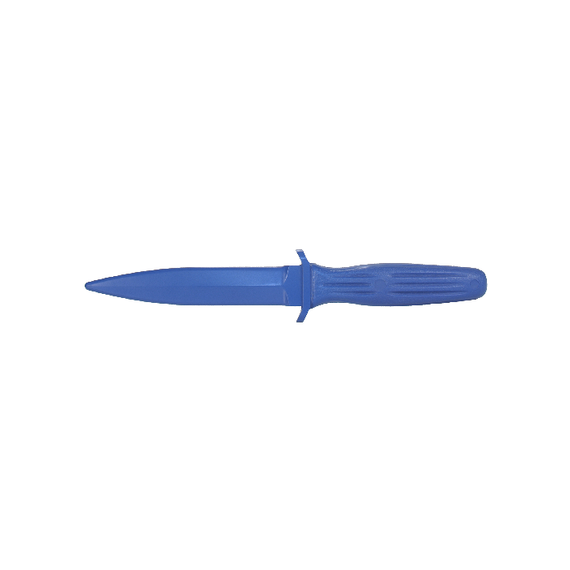 solid blue polyurethane training knife shown from a side angle