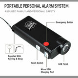 Knight Light alarm and flashlight shown with highlighted features including loud alarm, bright LED light, and compact personal‑safety design.