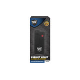 Retail packaging for the Knight Light alarm and flashlight showing the device inside a clear blister pack with branding and feature highlights on the cardboard backing.