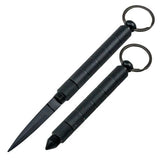 three black kubotan keychains with concealed knife blades displayed together, showing the uniform cylindrical design and key‑ring attachments