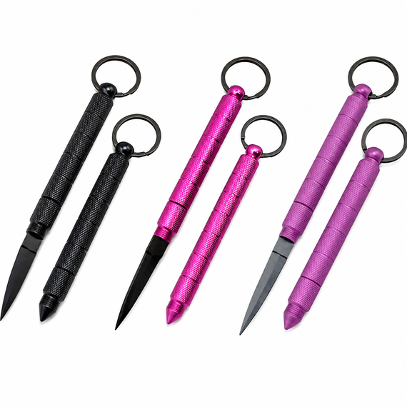 Three kubotan keychain hidden‑knife units in assorted colors displayed side‑by‑side, showing the cylindrical bodies and removable caps that conceal the blades.