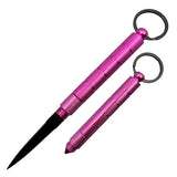 Three pink kubotan keychains with concealed knife blades displayed together, showing the uniform cylindrical design and key‑ring attachments