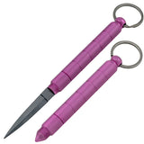Three purple kubotan keychains with concealed knife blades displayed together, showing the uniform cylindrical design and key‑ring attachments
