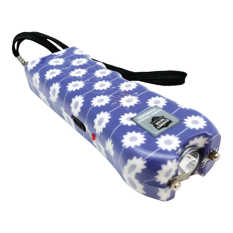 Ladies' Choice rechargeable stun gun with LED flashlight, personal alarm, holster, wrist lanyard, and multiple color options.