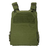 Green laser‑cut plate carrier shown from the back, featuring adjustable shoulder straps, reinforced stitching, and rear MOLLE panel.