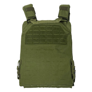 Green laser‑cut plate carrier shown from the back, featuring adjustable shoulder straps, reinforced stitching, and rear MOLLE panel.