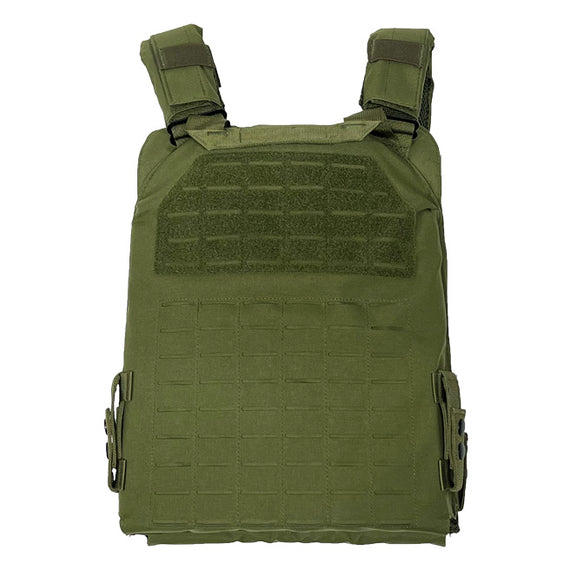 Green laser cut plate carrier 2XL+ with laser-cut MOLLE slots, removable kangaroo magazine pouch, padded shoulder straps, drag handle, and hook-and-loop patch panels for 11x14 armor plates.