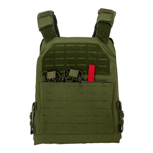 Green laser cut plate carrier 2XL+ with laser-cut MOLLE slots, removable kangaroo magazine pouch, padded shoulder straps, drag handle, and hook-and-loop patch panels for 11x14 armor plates.