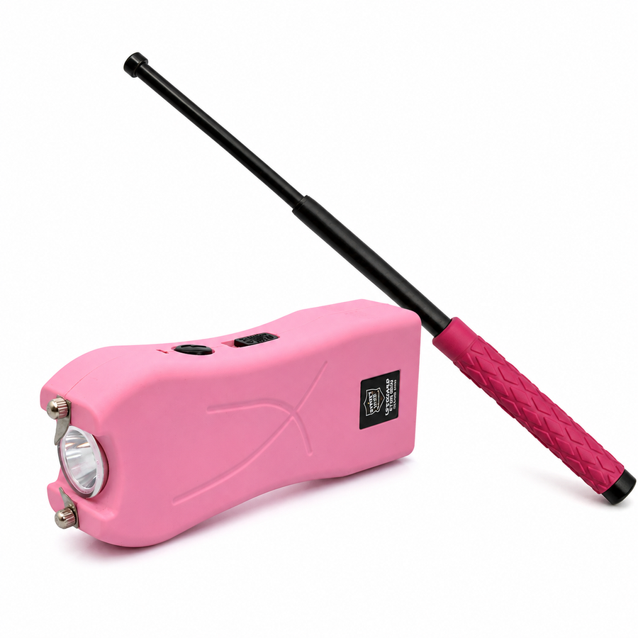 Life Guard pink stun gun and pink expandable steel baton self-defense bundle with holsters.