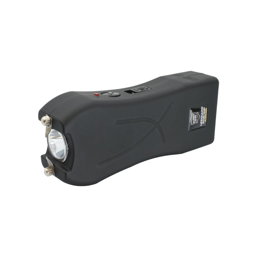 Life Guard 16.5 Million Volt rechargeable stun gun with ergonomic rubberized grip, LED flashlight, built-in charger, disable pin, and belt holster.