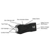 Illustration of a black Life Guard stun gun showing callouts for key components such as charge prongs, LED indicator, and stun contacts.