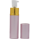 Pink lipstick‑style pepper spray shown with the cap removed, exposing the concealed spray nozzle.