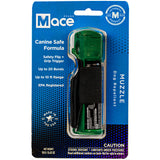 Front view of the Mace Muzzle dog repellent spray packaging showing product branding, canister image, and key safety information.