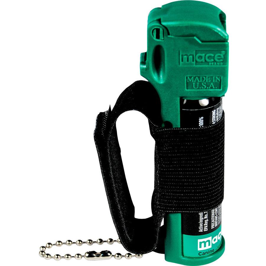 Mace Muzzle Dog Repellent pepper spray with wrist strap and keychain for protection against aggressive dogs while walking, hiking and jogging.