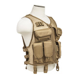 Tan mesh tactical vest photographed from the side highlighting lightweight construction and organized gear storage.