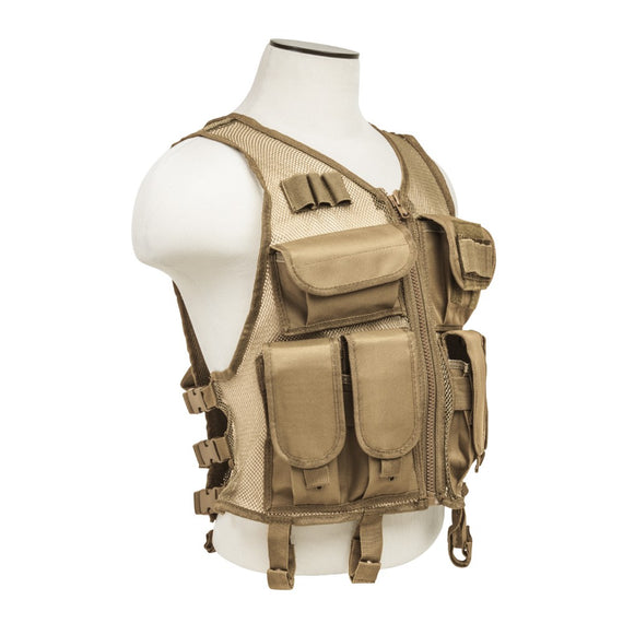 Tan mesh tactical vest with AR magazine pouches, shotshell loops and utility storage.