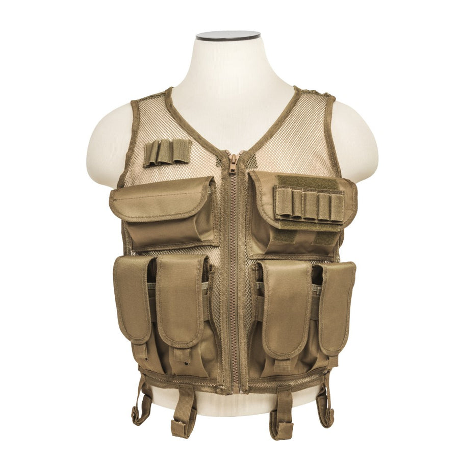 Tan mesh tactical vest with AR magazine pouches, shotshell loops and utility storage.