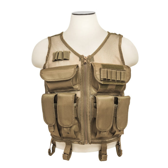 Tan mesh tactical vest with AR magazine pouches, shotshell loops and utility storage.