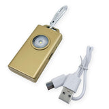 Micro Guard Plus personal alarm keychain with rechargeable COB LED flashlight, flashing strobe light, and aluminum carabiner gold color