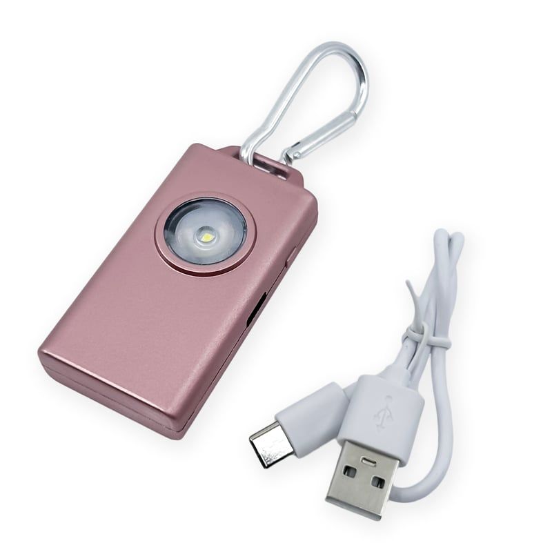 Micro Guard Plus personal alarm keychain with rechargeable COB LED flashlight, flashing strobe light, and aluminum carabiner