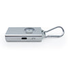 Silver Micro Guard keychain alarm displaying its alert button and function controls on the front panel