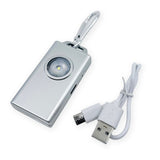 Micro Guard Plus personal alarm keychain with rechargeable COB LED flashlight, flashing strobe light, and aluminum carabiner silver color