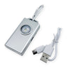 Micro Guard Plus personal alarm keychain with rechargeable COB LED flashlight, flashing strobe light, and aluminum carabiner silver color