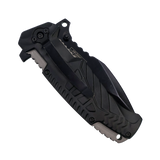 closed folding knife with anodized aluminum handle and emblem design