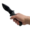 side profile of the spring‑assisted knife showing textured aluminum handle with hand holding the knife