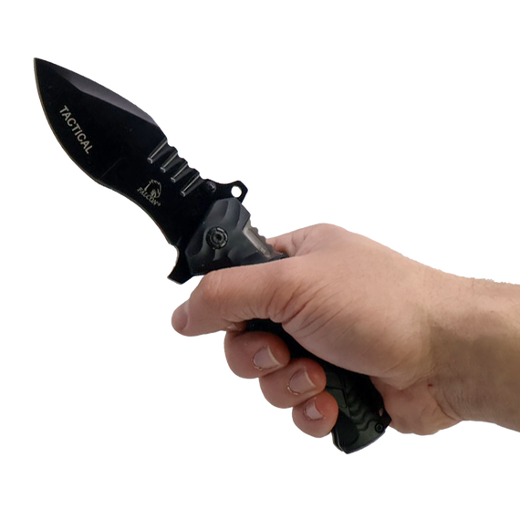 side profile of the spring‑assisted knife showing textured aluminum handle