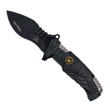 side profile of the spring‑assisted knife showing textured aluminum handle