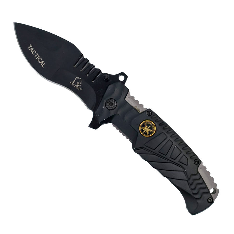 side profile of the spring‑assisted knife showing textured aluminum handle