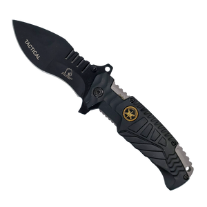 side profile of the spring‑assisted knife showing textured aluminum handle