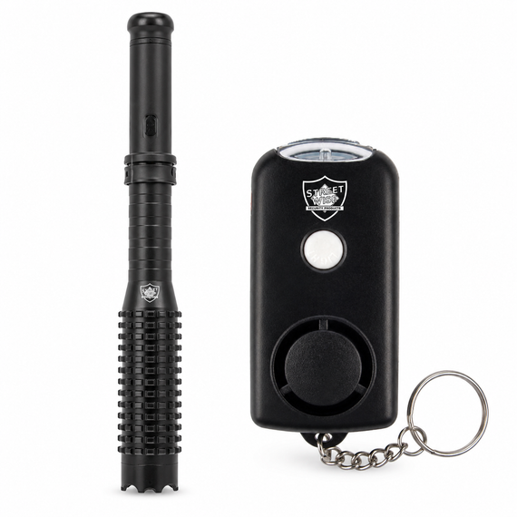 Streetwise Mini Barbarian rechargeable stun baton flashlight paired with a 130dB keychain personal alarm in a personal protection bundle.
