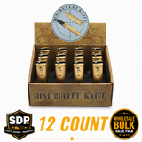 Retail countertop display containing twelve mini bullet‑style automatic knives arranged upright with visible product branding.