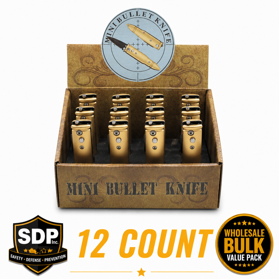 Retail countertop display containing twelve mini bullet‑style automatic knives arranged upright with visible product branding.