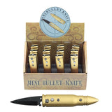 Countertop display featuring twelve mini automatic knives styled like bullets, arranged neatly for point‑of‑sale merchandising.