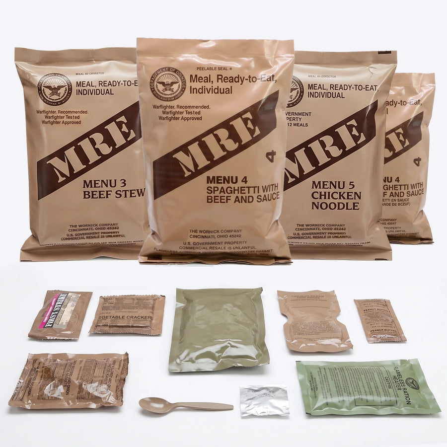 U.S. Military mre meals ready-to-eat with flameless heater for emergency food storage, camping, hunting, hiking, and survival preparedness